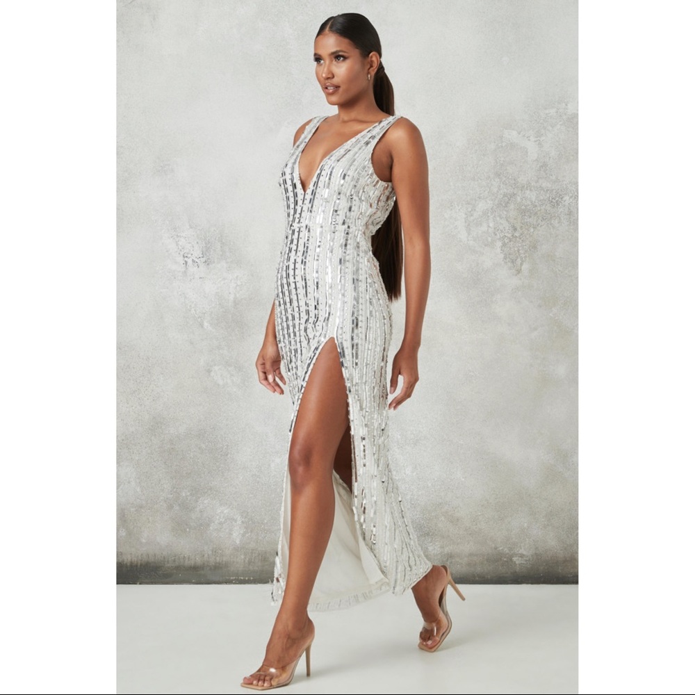 MISSGUIDED PEACE + LOVE SILVER EMBELLISHED V NECK PLUNGE MAXI DRESS